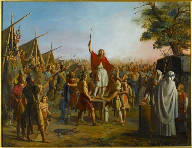 Pharamond proclamé roi après le pillage de la ville de Trèves en 417, est porté sur le pavois Michel Genod