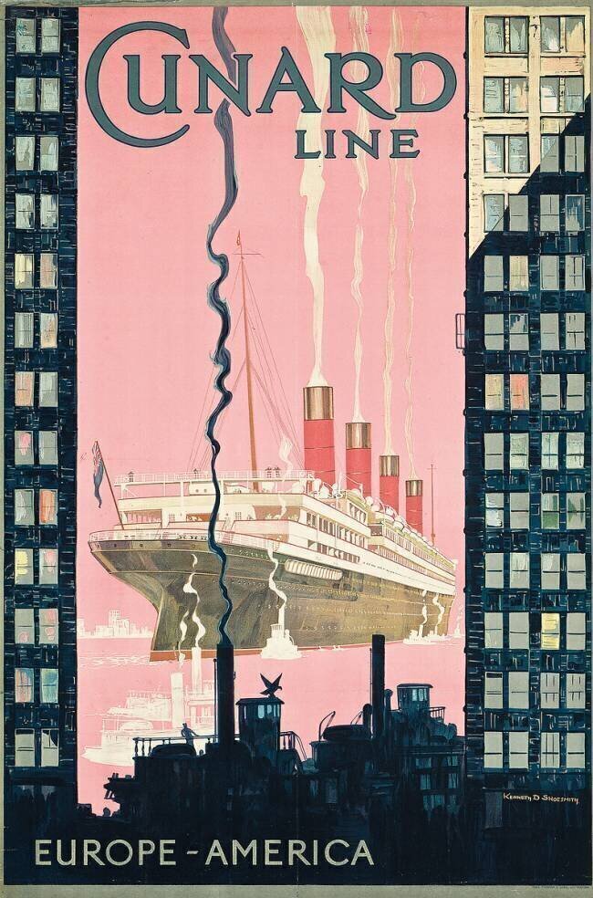 Poster advertising travel from Europe to America with shipping company Cunard Line Kenneth Shoesmith