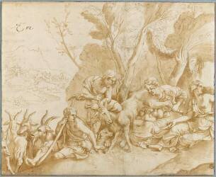 Nymphes nourrissant Jupiter avec le lait de la chèvre Amalthée (Giulio Romano (d'après)) - Muzeo.com