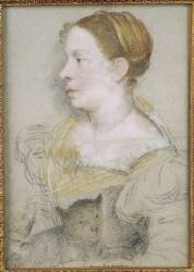 Portrait de femme en buste, tournée vers la gauche, vue de profil, tenant un chat (Pierre I Biard) - Muzeo.com