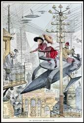 Anticipation : representation imaginaire d'une ville en 1953 : une jeune femme sur un engin volant circulant dans le ciel. (Albert Robida) - Muzeo.com