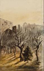 Jardin au crépuscule avec bâtiments dans le fond ; vue de l'atelier de Delacroix (Eugène Delacroix) - Muzeo.com