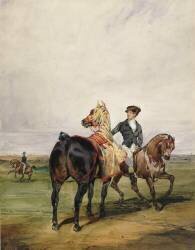 Garçon à cheval emmenant un cheval caparaçonné de bleu, jaune, rouge (Alfred Dedreux) - Muzeo.com