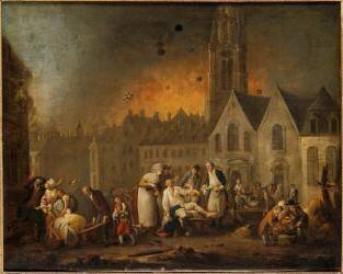 Siège de Lille, 1792 par l'armée autrichienne : bombardement du quartier Saint-Sauveur (François Watteau) - Muzeo.com