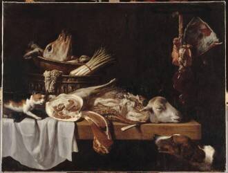 Viande de boucherie avec chien et chat (Pieter van Boucle) - Muzeo.com