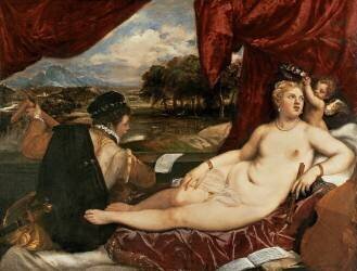 Vénus et Cupidon accompagnés d'un joueur de luth (Tiziano) - Muzeo.com
