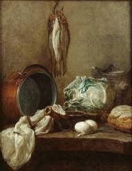 Nature morte avec chaudron fourneau de terre, poêlon, nappe, chou, pain, deux oeufs, poireau, et trois harengs suspendus à la muraille (Jean Siméon Chardin) - Muzeo.com