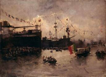 Le Roi Humbert Ier d'Italie passant en revue l'escadre française commandée par l'amiral Rieunier, en rade de Gênes, le 9 septembre 1892, à l'occasion des fêtes données en l'honneur de Christophe Colomb (Pompeo Mariani) - Muzeo.com