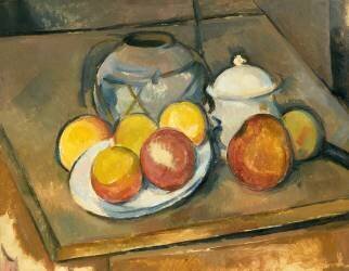 Vase paillé, sucrier et pommes (Paul Cézanne) - Muzeo.com