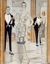 Mode annees folles : jeune femme elegante aux cheveux courts vetue d'une robe de soiree courte en filet transparente avec decollete dans le dos. (anonymous) - Muzeo.com