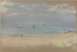 Au bord de la mer, sur une plage, trois voiliers au loin (Edgar Degas) - Muzeo.com