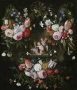 A Cartouche Still Life of Flowers Around an Allegorical Image of Putti with Costly Objects and a Mask (Jan van Kessel) - Muzeo.com