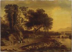 Paysage avec promeneurs au bord d'une rivière (Horatius de Hooch) - Muzeo.com