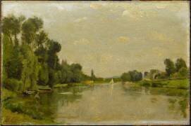 Bords de rivière au fond avec un voilier (Stanislas Victor Edouard...) - Muzeo.com