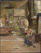 Atelier du peintre à Rome, avec un modèle féminin au premier plan (Maurice Ramart) - Muzeo.com