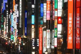 Tokyo ; Chuo-dori, elevated view at dusk along Tokyo's most exclusive shopping street, Ginza, Tokyo, Honshu, Japan, Asia (Gavin Hellier) - Muzeo.com